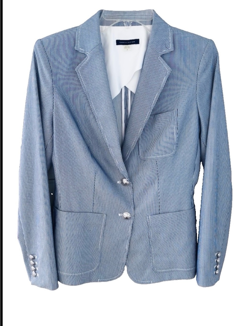 Tommy Hilfiger Tailored Blue/ White Pinstriped Blazer Silver Tone Buttons Size 2